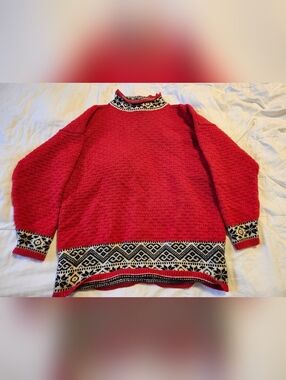 GAP 100% Wool Red Sweater with Black & White Fair Isle Trim